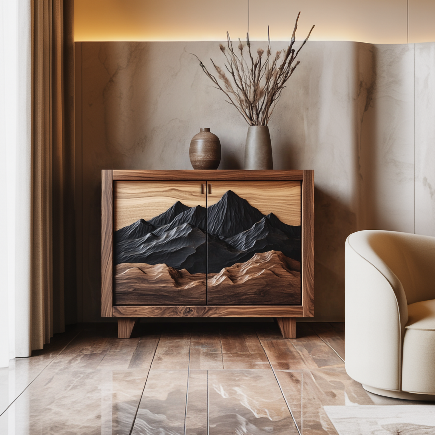 Rustic Artistic Curved Drawer Cabinet Solid Wood Living Room Interior Signature Piece SINLSASC433